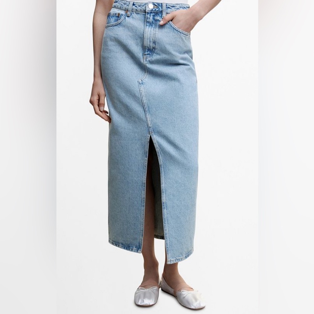 Mango denim midi skirt with slit.